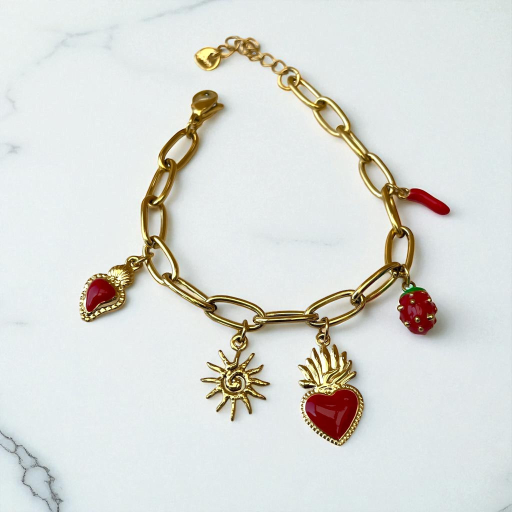 Bracelet chaîne dorée breloques rouges Rklisa