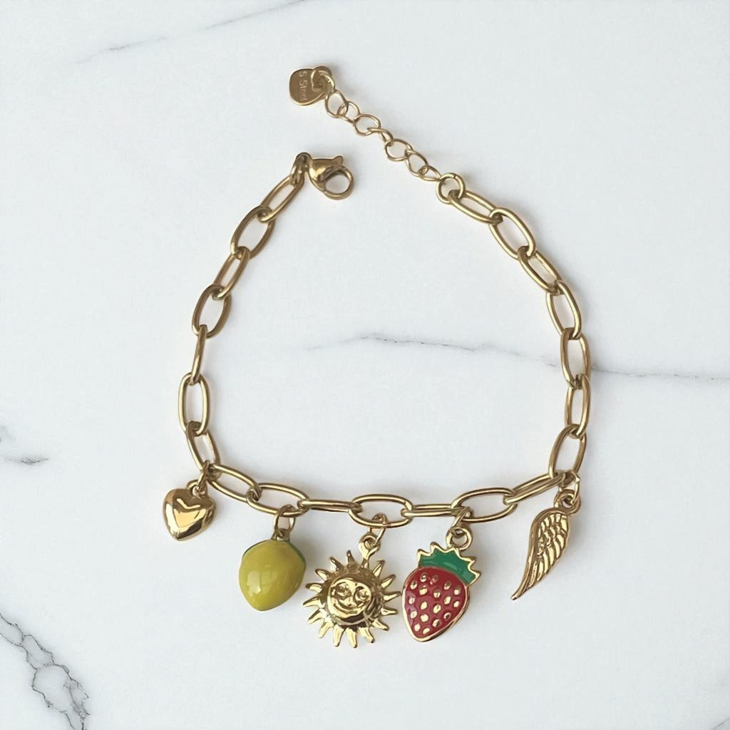 Bracelet doré charms citron fraise soleil Rklisa