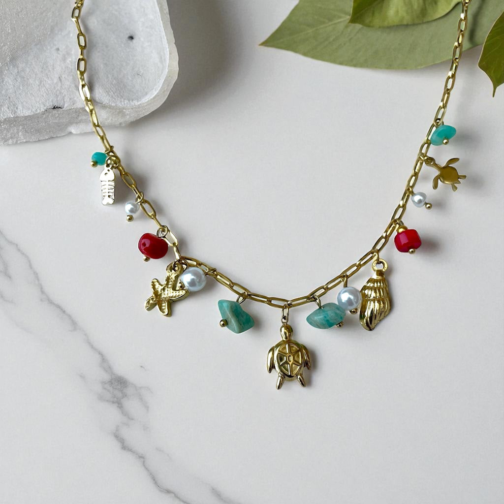 Collier acier inoxydable pendentif marins et perles colorées Rklisa