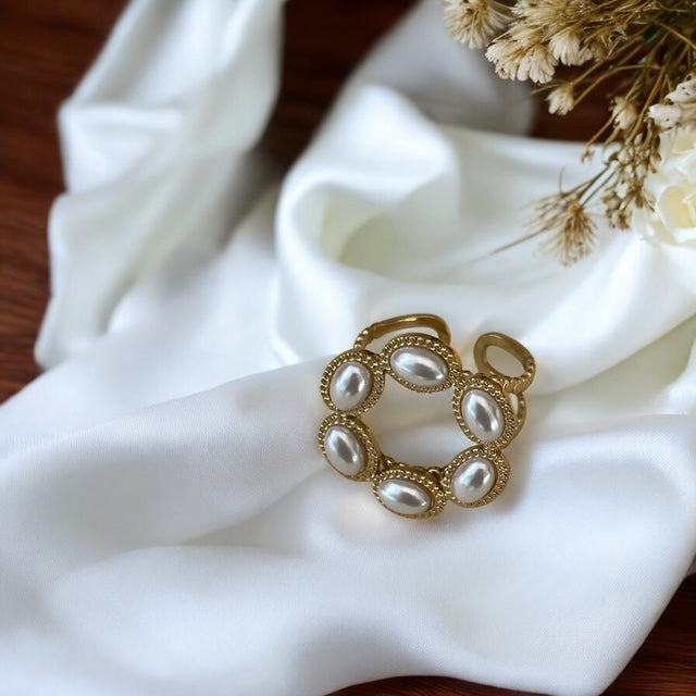 Bague fleur perlée cercles texturés Rklisa