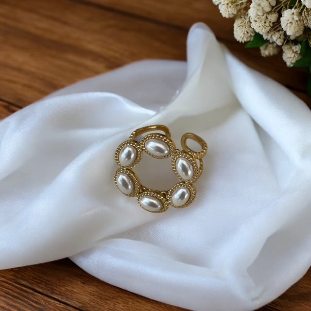 Bague fleur perlée cercles texturés Rklisa