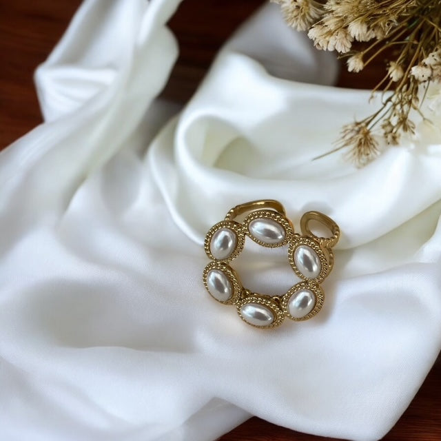 Bague fleur perlée cercles texturés Rklisa