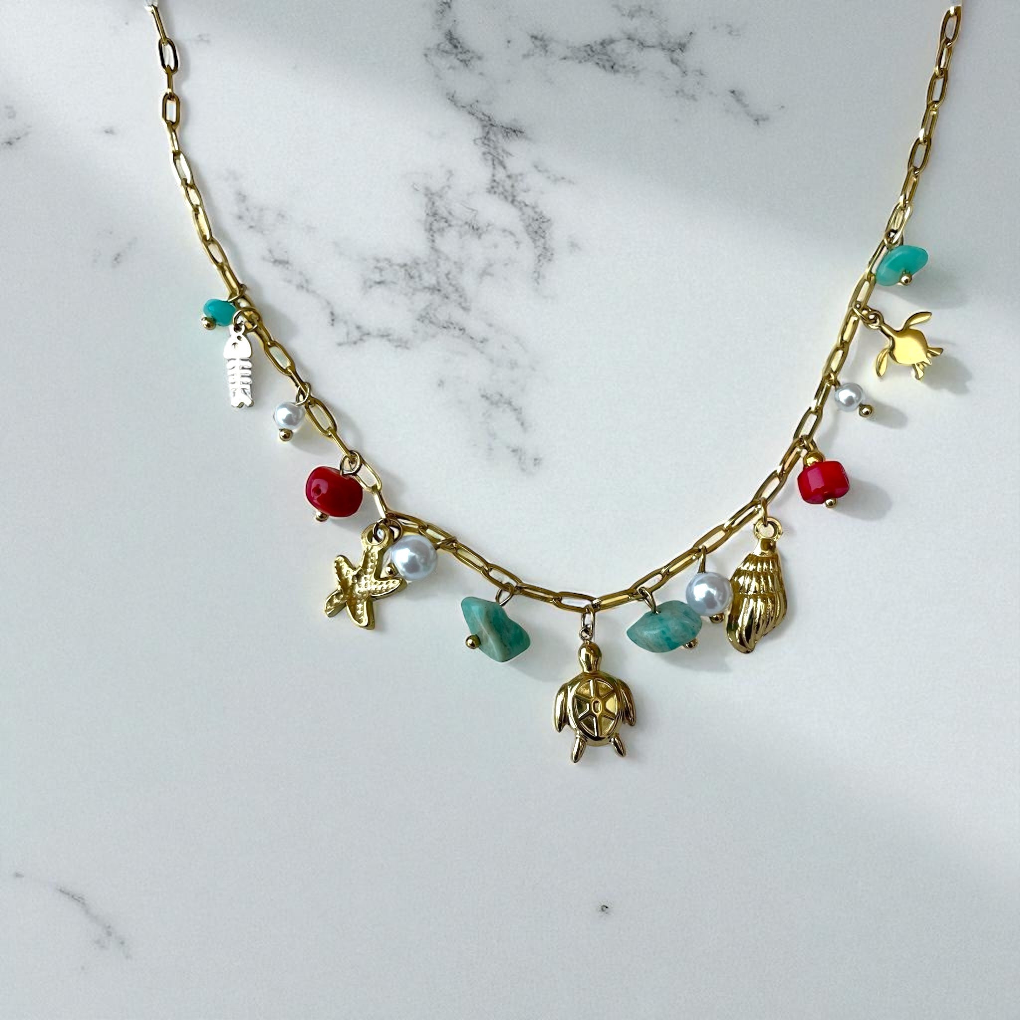Collier acier inoxydable pendentif marins et perles colorées Rklisa