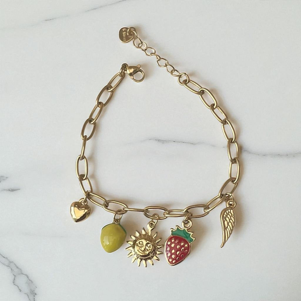 Bracelet doré charms citron fraise soleil Rklisa