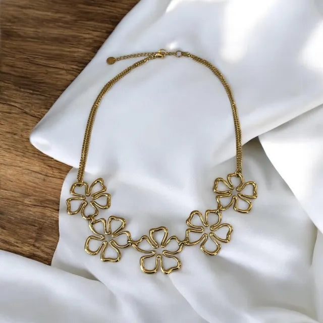 Collier Acier Inoxydable Doré Fleurs ajourées