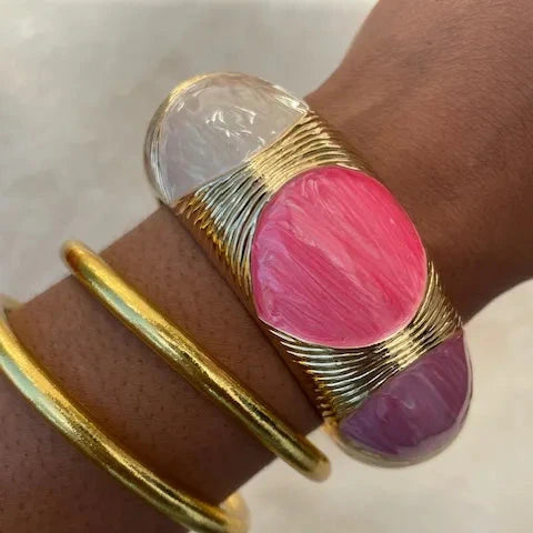 Jonc épais doré émaillé coloré rose fuchsia