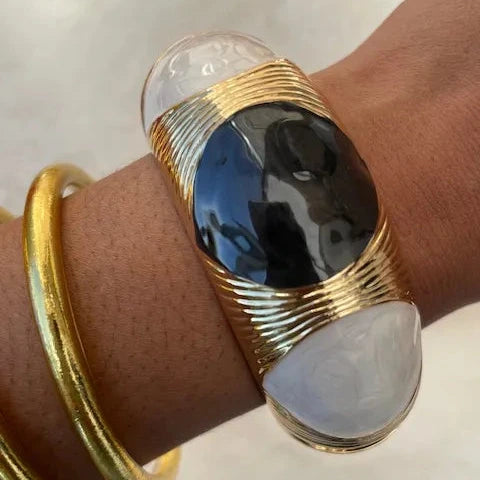 Jonc épais doré émaillé coloré noir et blanc