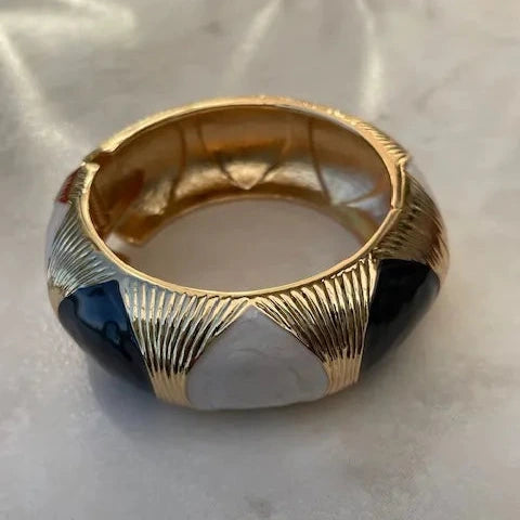 Jonc épais doré émaillé coloré noir et blanc